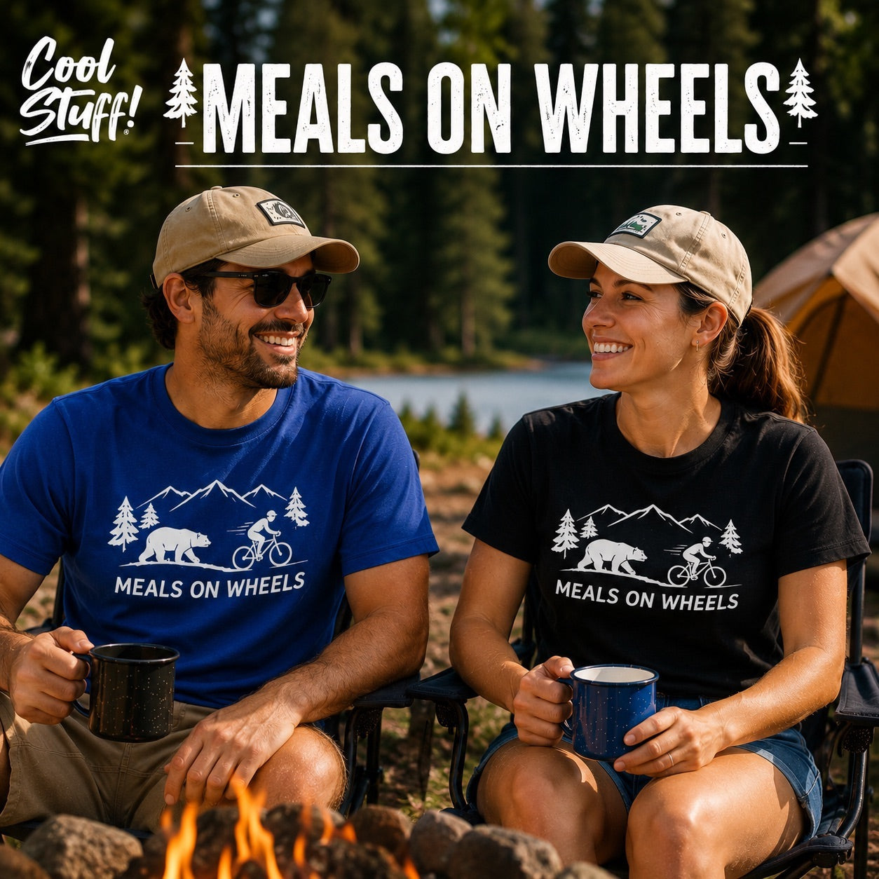 Meals on Wheels Camping T-Shirt | Funny Mountain Bike & Bear Graphic Tee | 100% Cotton