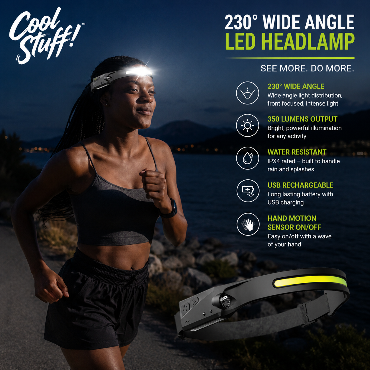 230° Wide Angle LED Headlamp | USB Rechargeable Motion Sensor Head Lamp