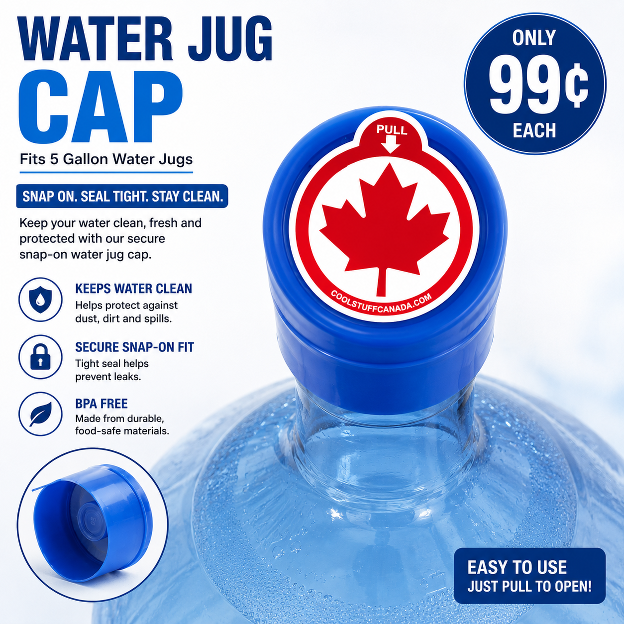 5 Gallon Water Jug Caps – Reusable Snap-On Caps for Water Bottles