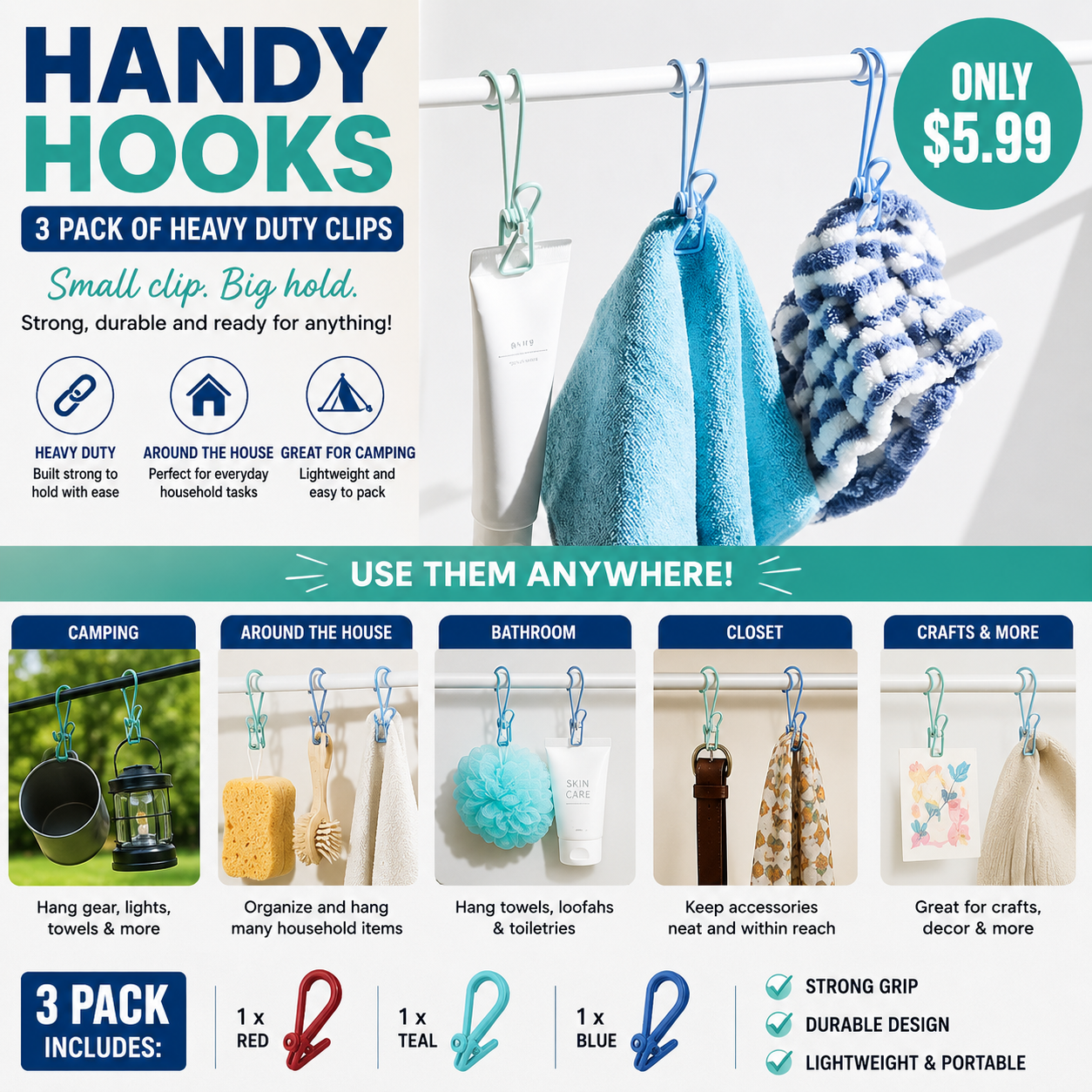 Handy Hooks Hanging Clips – 3 Pack Multipurpose Utility Hooks