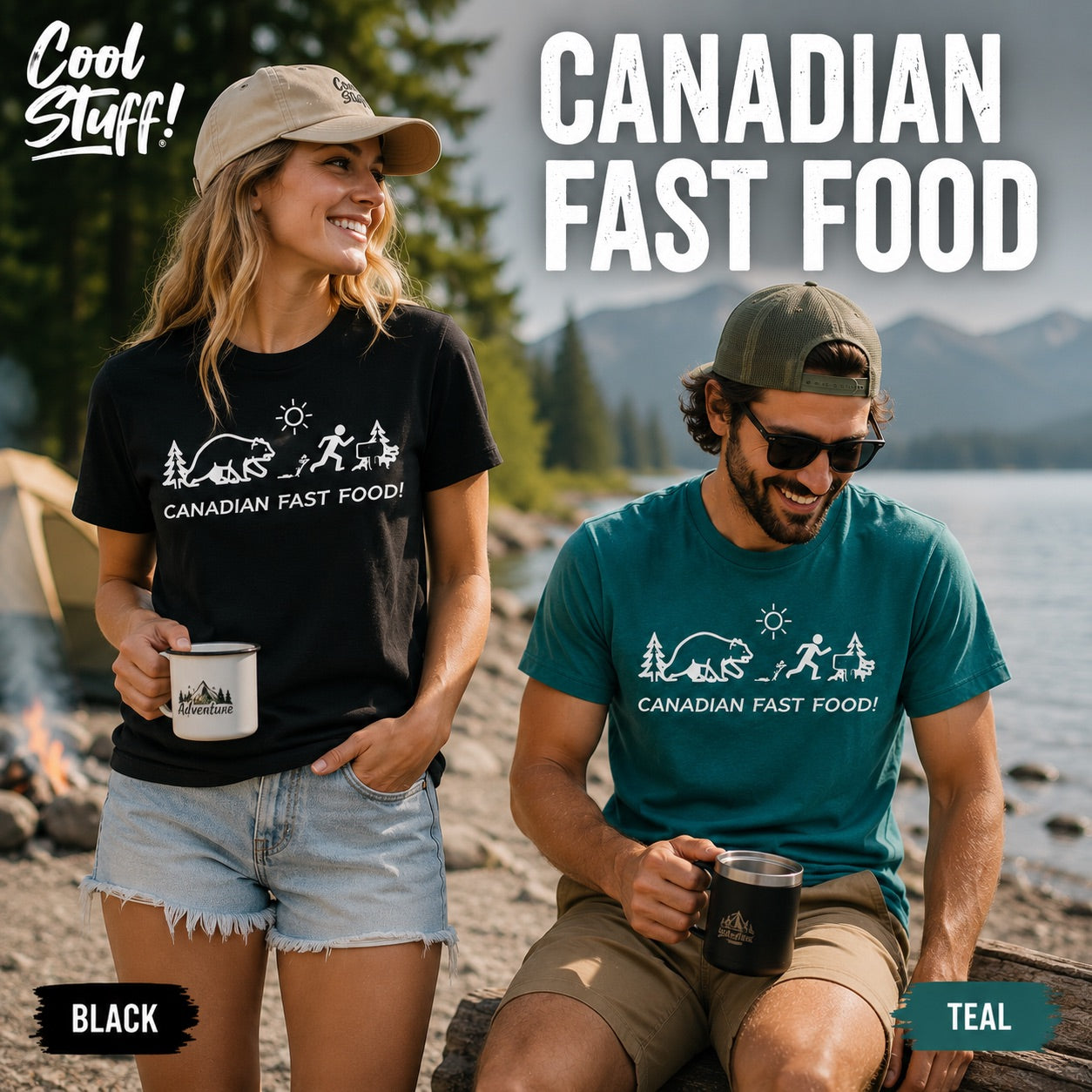 Canadian Fast Food Camping T-Shirt | Funny Bear Camping Graphic Tee | 100% Cotton