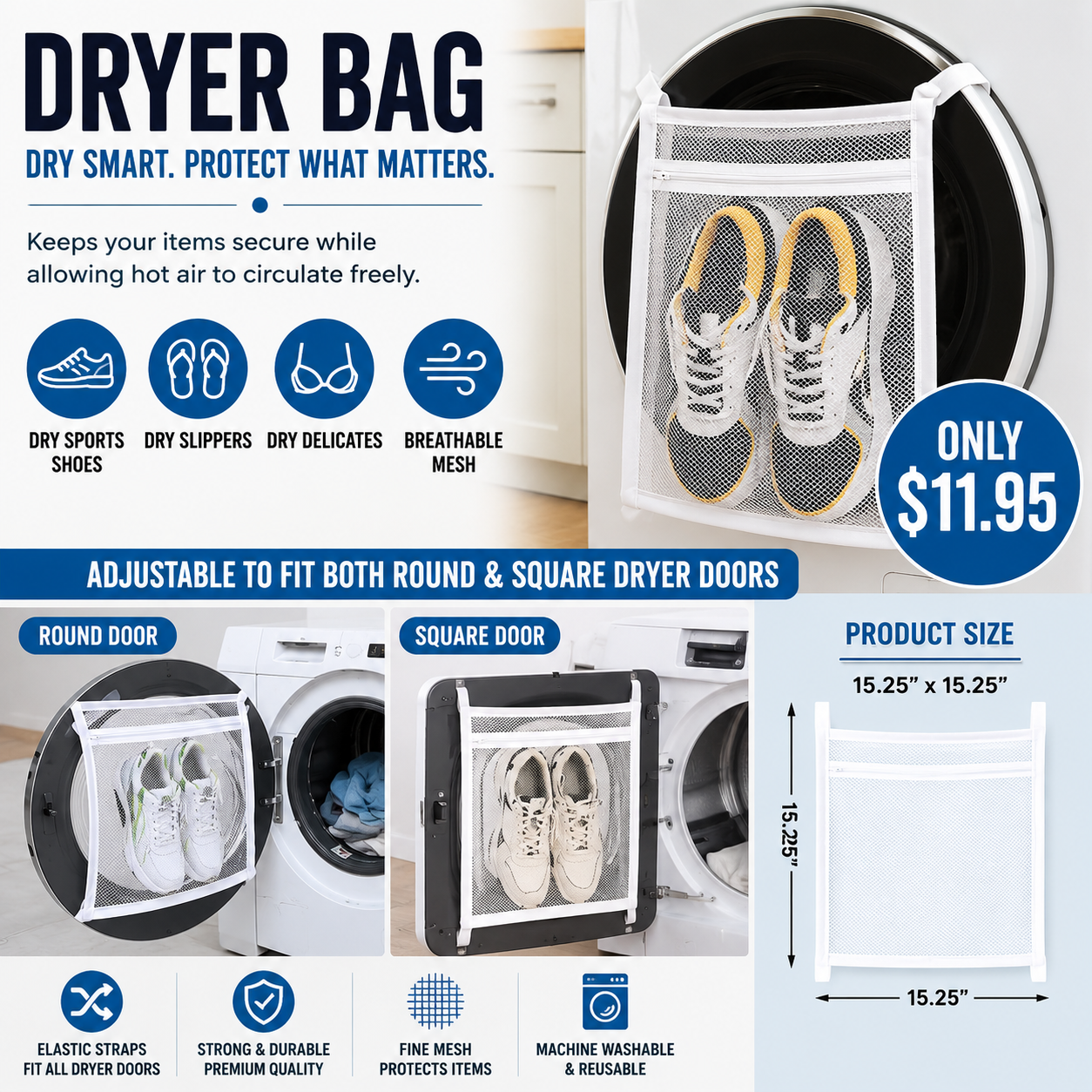 Dryer Bag for Shoes & Delicates | Adjustable Laundry Dryer Net Bag