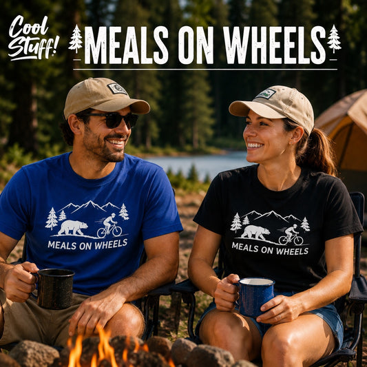 Meals on Wheels Camping T-Shirt | Funny Mountain Bike & Bear Graphic Tee | 100% Cotton