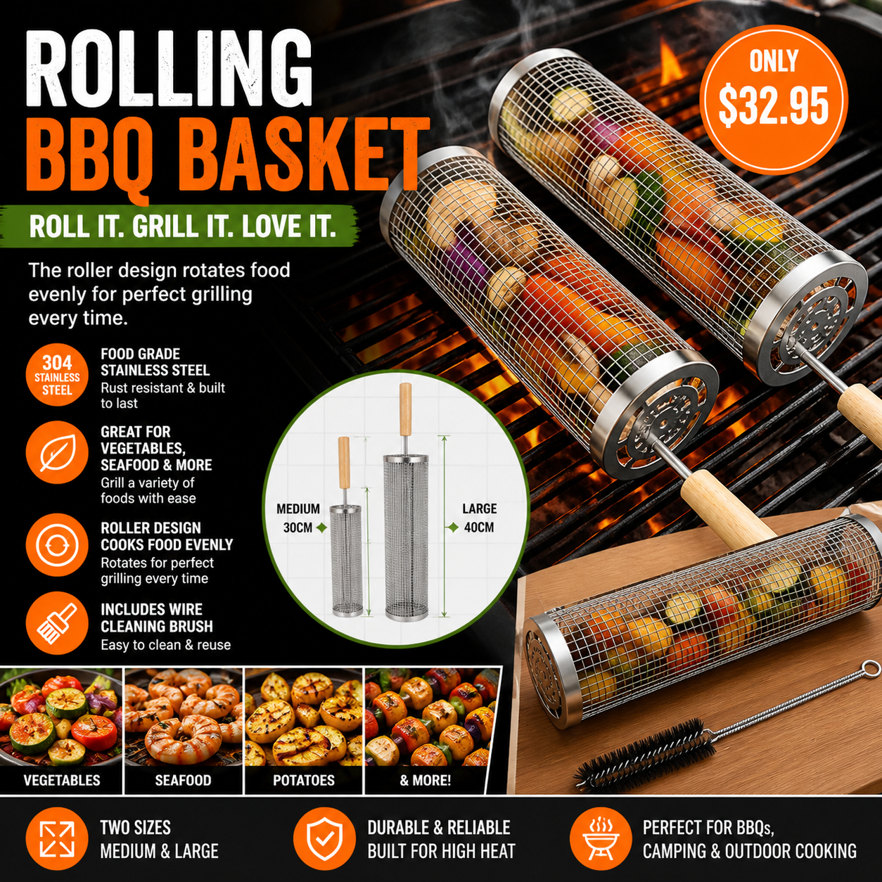 Rolling BBQ Basket | Stainless Steel BBQ Grill Basket for Vegetables & Seafood