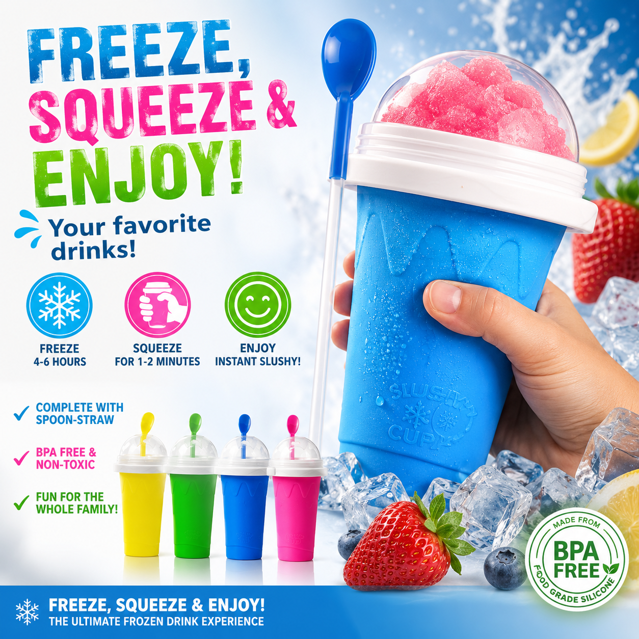 Instant Slush Cup - Reusable Frozen Drink Maker | BPA-Free Silicone Smoothie & Slush Cup with Spoon Straw