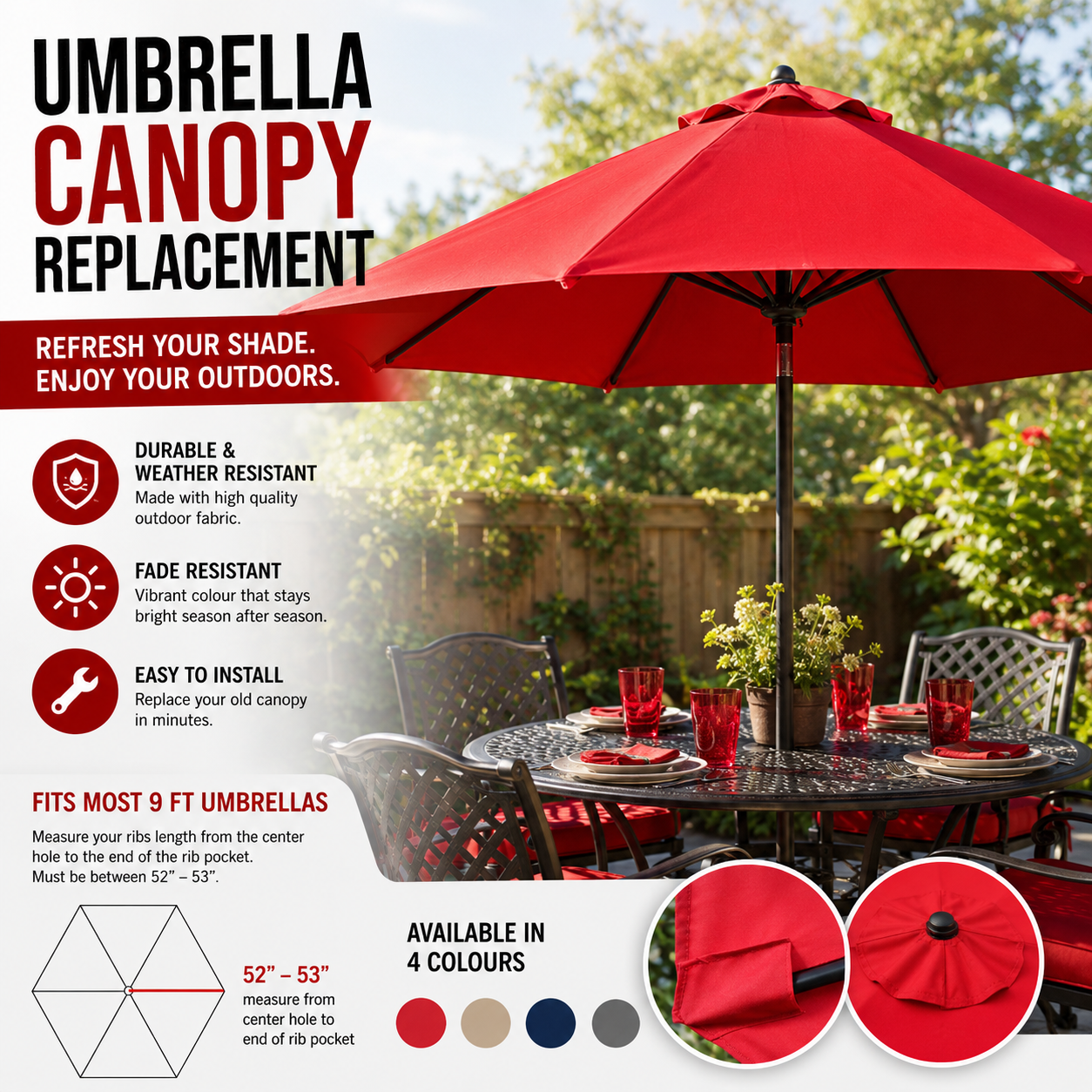 9 ft Patio Umbrella Replacement Canopy | 6-Rib Outdoor Umbrella Cover | Replacement Patio Umbrella Fabric