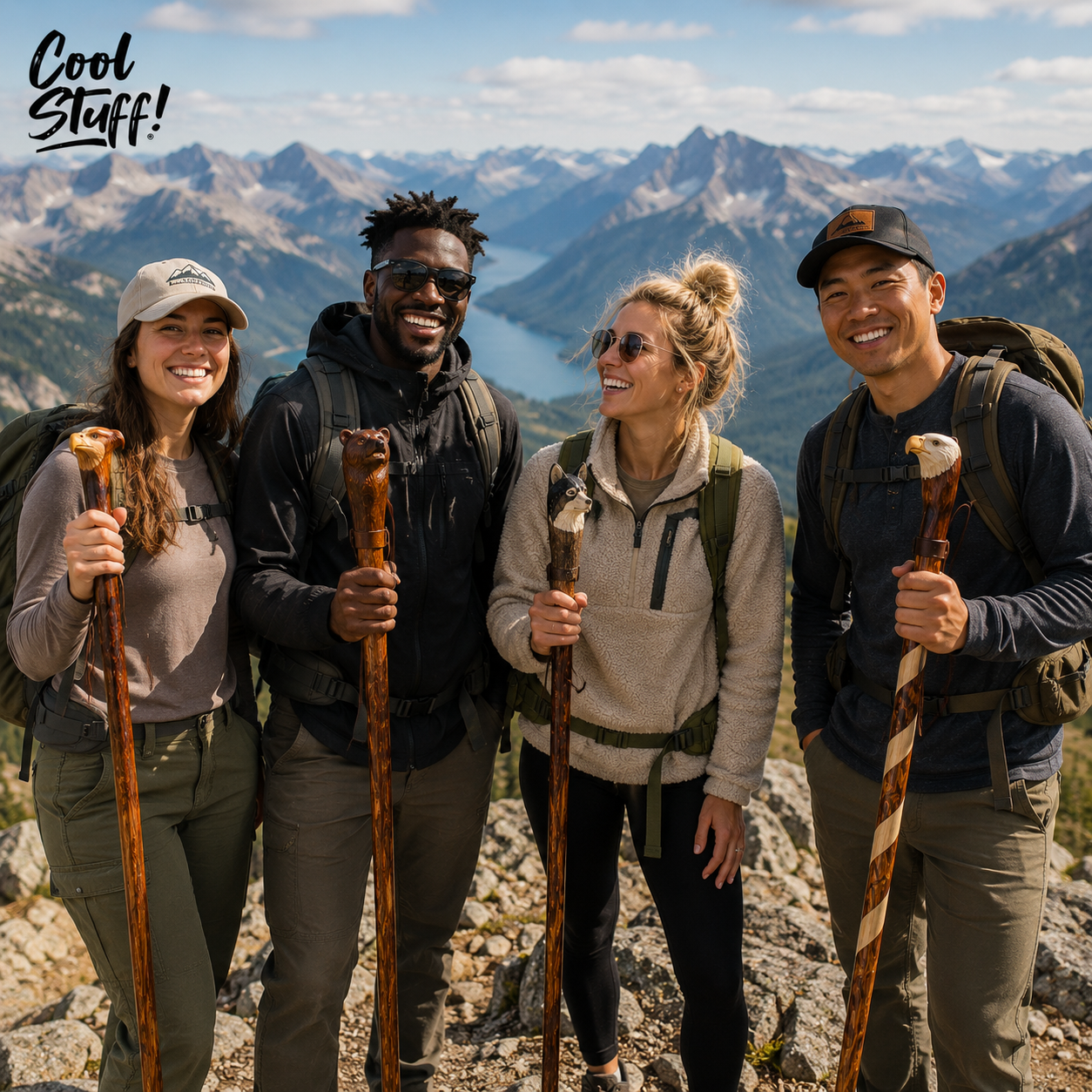 Handcrafted Wooden Walking Stick | Carved Hiking Staff with Animal Handle | Natural Wood Cane