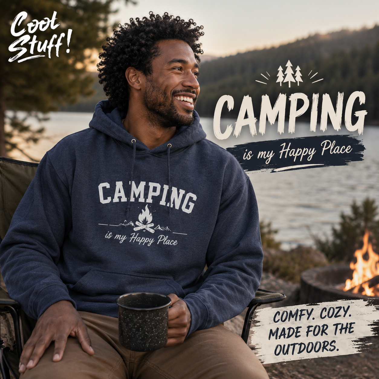 Camping Is My Happy Place Hoodie | Heather Navy Camping Hoodie | Cool Stuff Canada