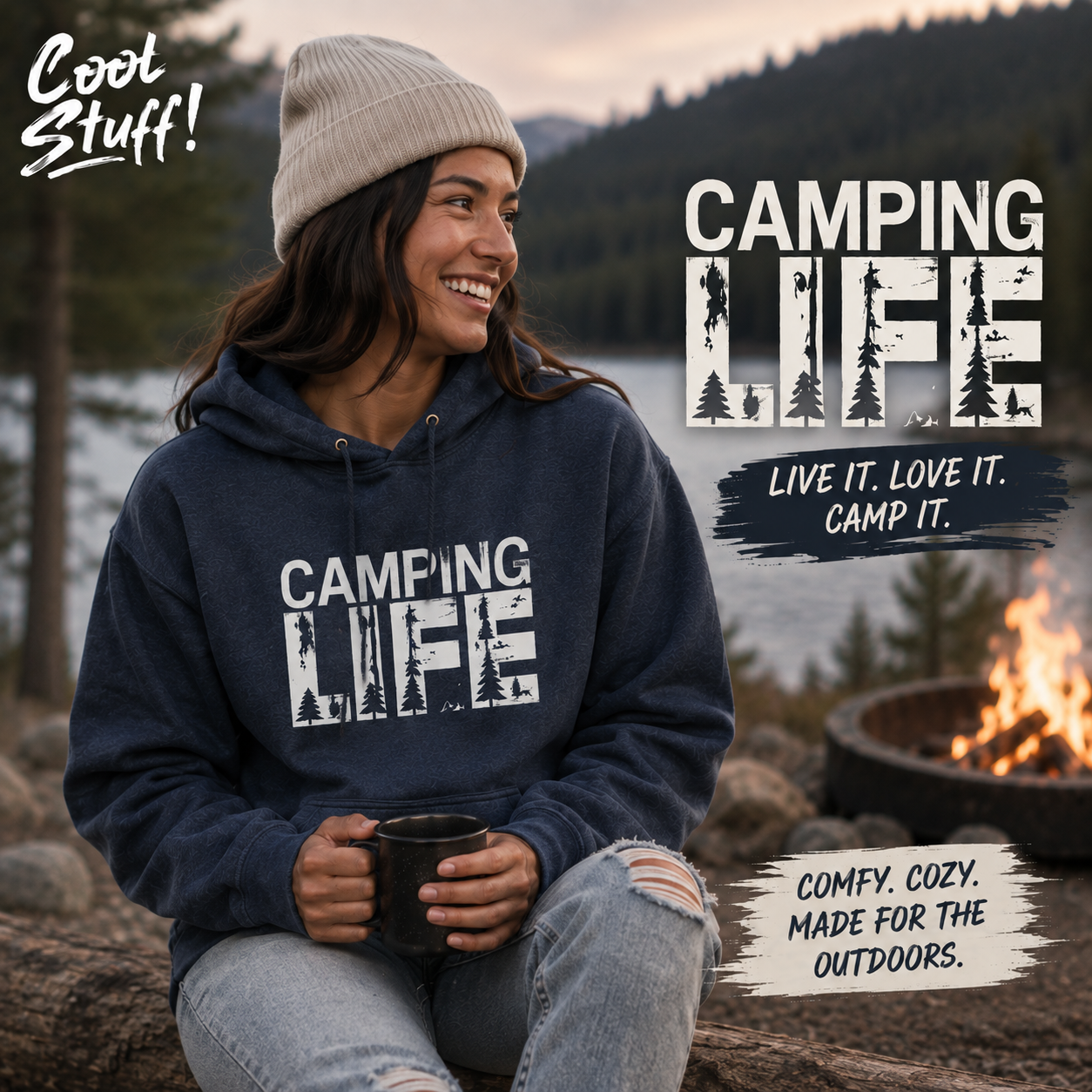 Camping Life Hoodie | Heather Navy Outdoor Hoodie | Cool Stuff Canada