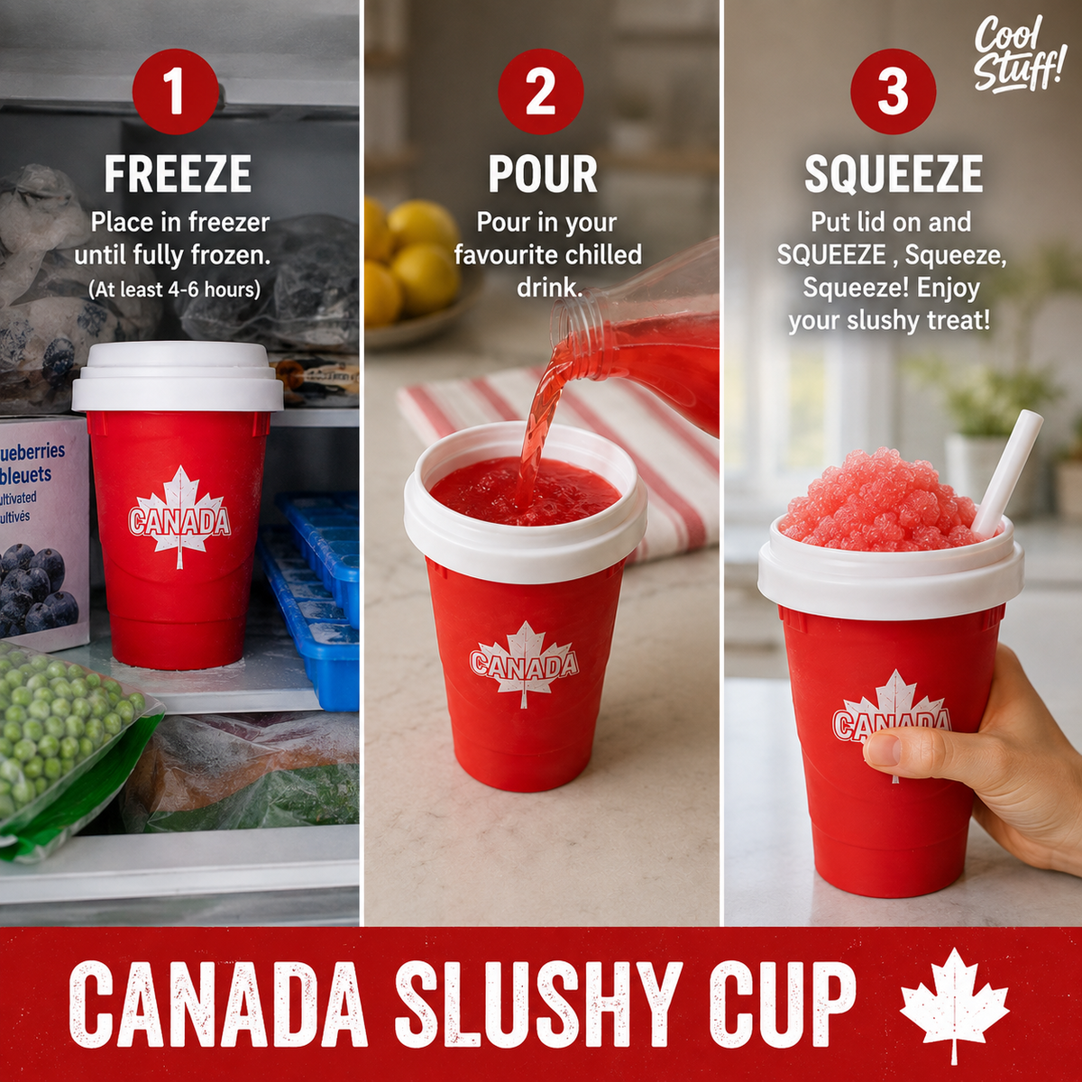 Canada Slushy Cup - Reusable Frozen Drink Maker | BPA-Free Silicone Smoothie & Slush Cup with Spoon Straw