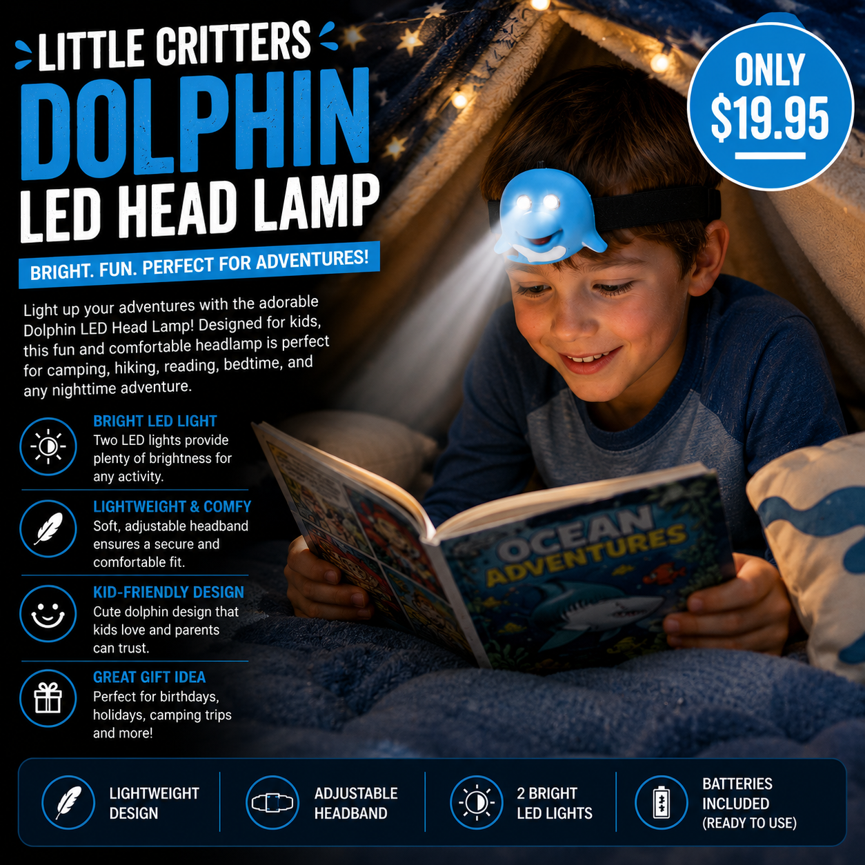 Kids Dolphin LED Head Lamp – Adjustable Children's Headlight for Reading & Camping