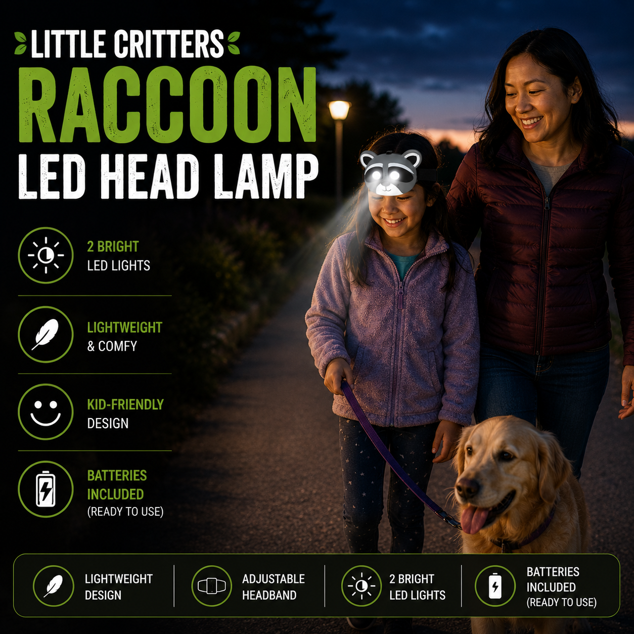 Little Critters Raccoon LED Head Lamp – Adjustable Children's Headlight for Camping & Reading