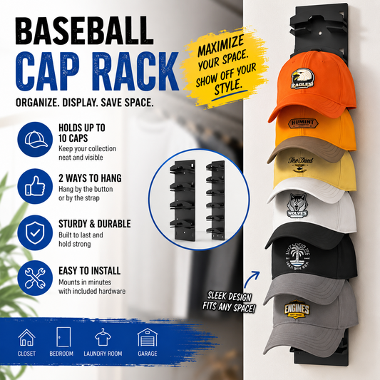 Baseball Cap Rack Wall Mount – Holds 10 Hats | Space-Saving Hat Organizer
