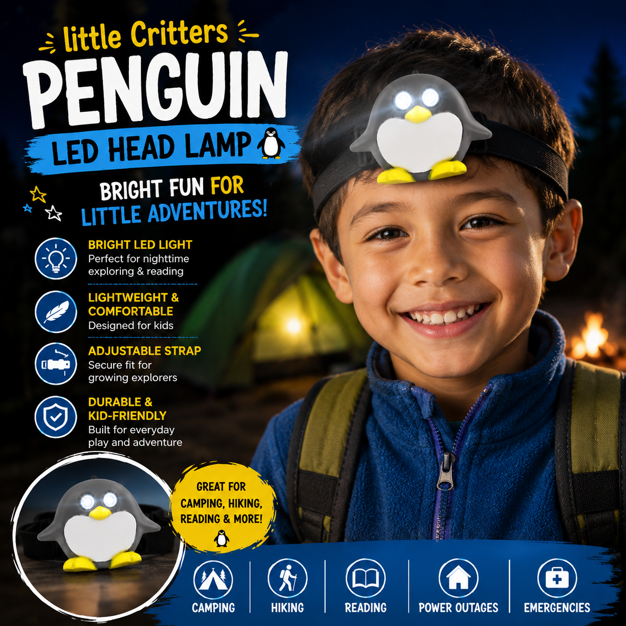 Kids Penguin LED Head Lamp – Adjustable Children's Headlight for Camping & Reading
